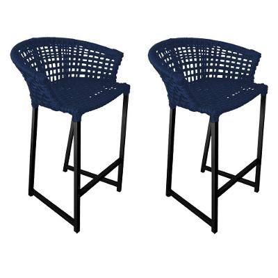 Kit 2 Banquetas Reis Em Corda Náutica E Base Em Alumínio Preta Para área Gourmet Azul Marinho