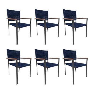 Kit 6 Cadeiras Piracicaba Corda Náutica Braço Com Detalhe Em Madeira Base Alumínio Preto-azul Marinh