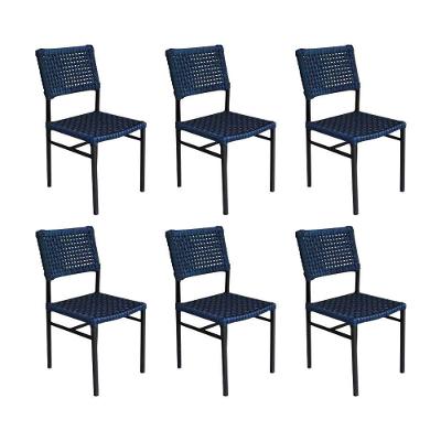Kit 6 Cadeiras França Corda Náutica Base Em Alumínio Preto-azul Marinho