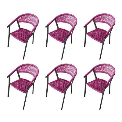 Kit 6 Cadeiras Decorativa Joana Em Corda Náutica E Base Em Alumínio Preta- Rosa