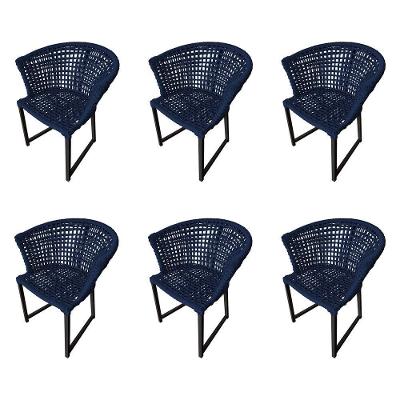Kit 6 Cadeiras Salinas Corda Náutica Base Em Alumínio Preto-azul Marinho