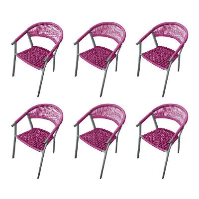 Kit 6 Cadeiras Decorativa Joana Em Corda Náutica E Base Em Alumínio Cinza- Rosa