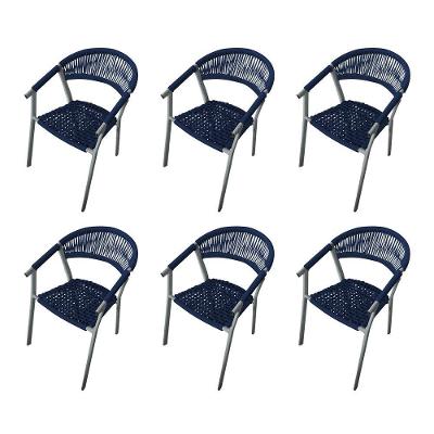 Kit 6 Cadeiras Decorativa Joana Em Corda Náutica E Base Em Alumínio Cinza- Azul Marinho