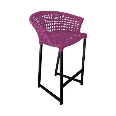 Banqueta Reis Em Corda Náutica E Base Em Alumínio Preta Para área Gourmet - Externa Rosa
