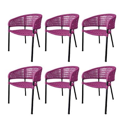 Kit 6 Cadeiras Sol Corda Náutica Base Em Alumínio Preto-rosa