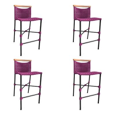 Kit 4 Banquetas Anne Em Corda Náutica Base Em Alumínio Preta Com Detalhe Em Madeira Rosa