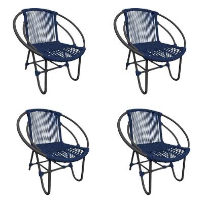 Kit 4 Cadeiras Decorativa Julia Em Corda Náutica E Base Em Alumínio Preta- Azul Marinho