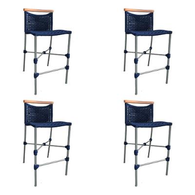 Kit 4 Banquetas Anne Em Corda Náutica Base Em Alumínio Cinza Com Detalhe Em Madeira Azul Marinho