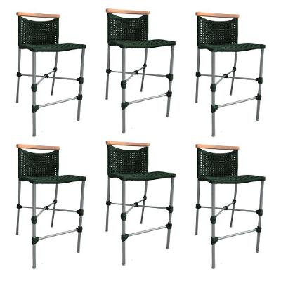 Kit 6 Banquetas Anne Em Corda Náutica Base Em Alumínio Cinza Com Detalhe Em Madeira Verde Musgo