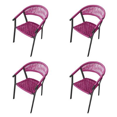 Kit 4 Cadeiras Decorativa Joana Em Corda Náutica E Base Em Alumínio Preta -rosa