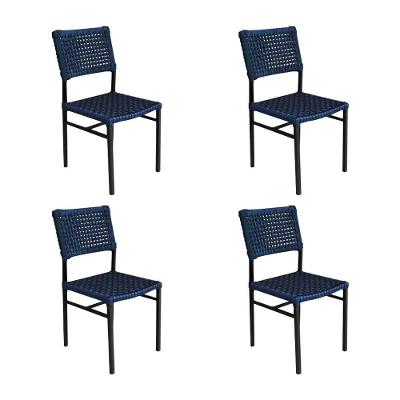 Kit 4 Cadeiras França Corda Náutica Base Em Alumínio Preto-azul Marinho