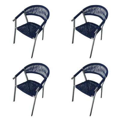 Kit 4 Cadeiras Decorativa Joana Em Corda Náutica E Base Em Alumínio Cinza -azul Marinho