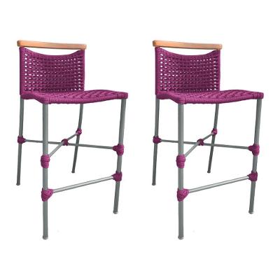 Kit 2 Banquetas Anne Em Corda Náutica Base Em Alumínio Cinza Com Detalhe Em Madeira Rosa