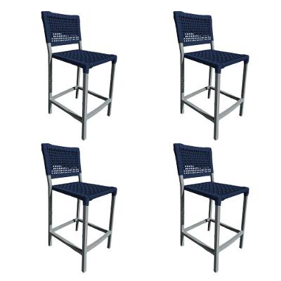 Kit 4 Banquetas França Em Corda Náutica E Base Em Alumínio Cinza Para área Gourmet Azul Marinho