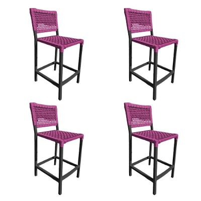 Kit 4 Banquetas França Em Corda Náutica E Base Em Alumínio Preta Para área Gourmet Rosa