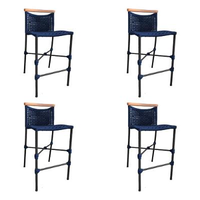 Kit 4 Banquetas Anne Em Corda Náutica Base Em Alumínio Preta Com Detalhe Em Madeira Azul Marinho