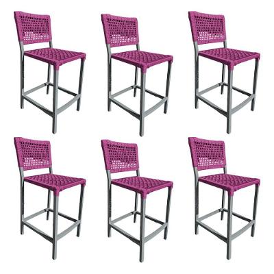 Kit 6 Banquetas França Em Corda Náutica E Base Em Alumínio Cinza Para área Gourmet Rosa