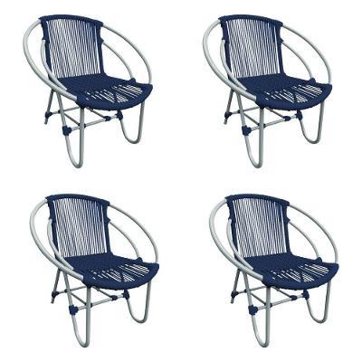 Kit 4 Cadeiras Decorativa Julia Em Corda Náutica E Base Em Alumínio Cinza- Azul Marinho