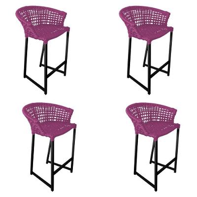 Kit 4 Banquetas Reis Em Corda Náutica E Base Em Alumínio Preta Para área Gourmet - Externa Rosa