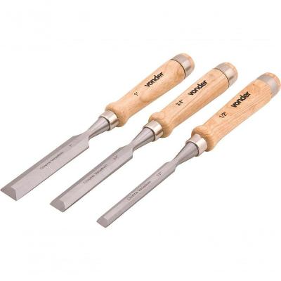 Jogo Formão 3 Peças Cromo Vanádio Cabo Madeira - Vonder