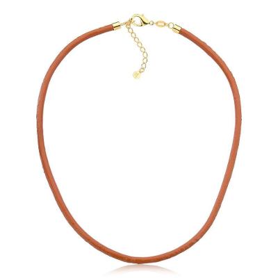 Colar De Couro Natural Caramelo Revestido Em Ouro Tamanho 52cm