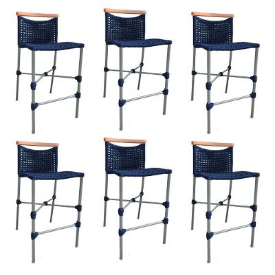 Kit 6 Banquetas Anne Em Corda Náutica Base Em Alumínio Cinza Com Detalhe Em Madeira Azul Marinho