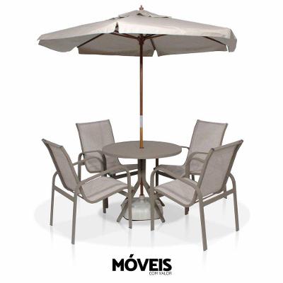 Conj 1 Mesa + 4 Cadeiras + Ombrelone Bege 2m Café Com Leite
