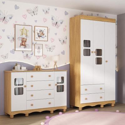 Quarto De Bebê Completo Com Guarda-roupas 3 Portas E Cômoda Luna Multimóveis Mp4798 Madeirado/branco