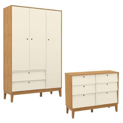 Cômoda 6 Gavetas e Guarda Roupa 3 Portas Unique em MDF Off White Freijó para Quarto Infantil