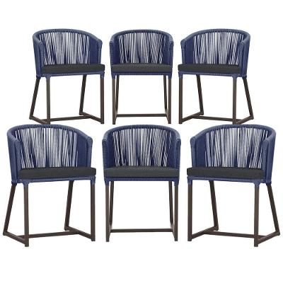 6 Cadeiras De Jantar Noronha Marrom Corda Náutica E11 Trama Azul