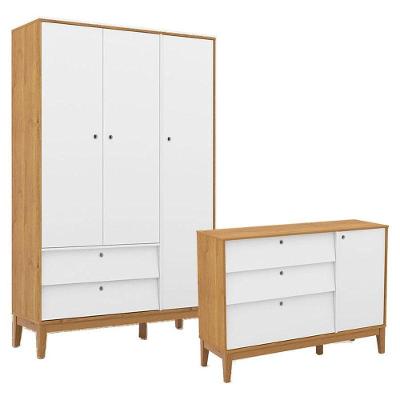 Cômoda Sapateira e Guarda Roupa Unique 3 Portas em MDF com Corrediças Telescópicas Branco