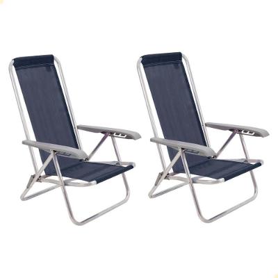 Kit 02 Cadeiras De Praia Reclin. Tramontina Bali Baixa Alumínio C- Assento Azul Escuro 92900106