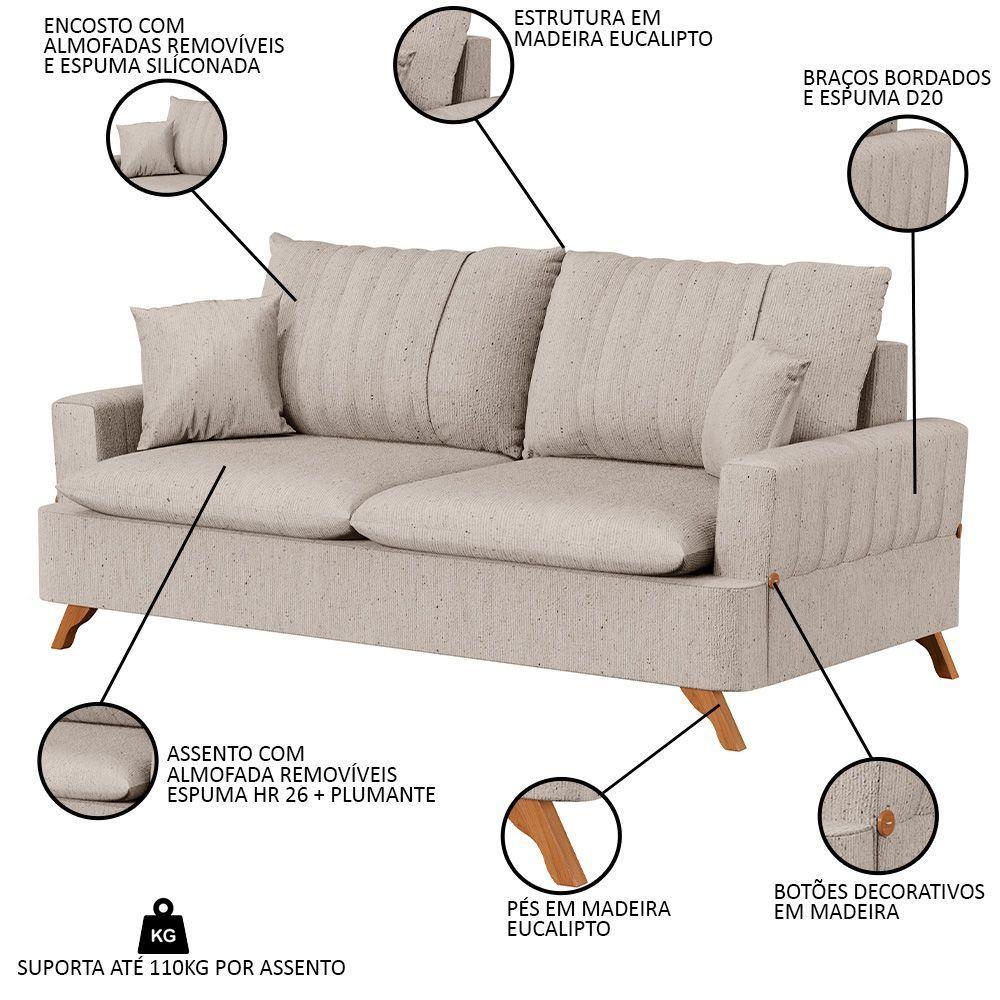 Sofá 180cm 3 Lugares Com Almofadas Pés Curvos Veras Linho D05 Bege - Mpozenato - 6