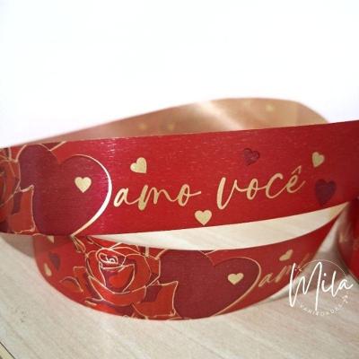 Fita Decorada para Laço Eterno Amor Polietileno 32MM X 10 METROS Vermelho Rolo 10M OEM