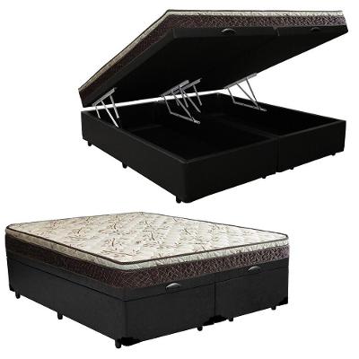 Cama Box Baú Queen Sintético Bipartido + Colchão Elegance Ortopédico Espuma D33 63x158x198 preto