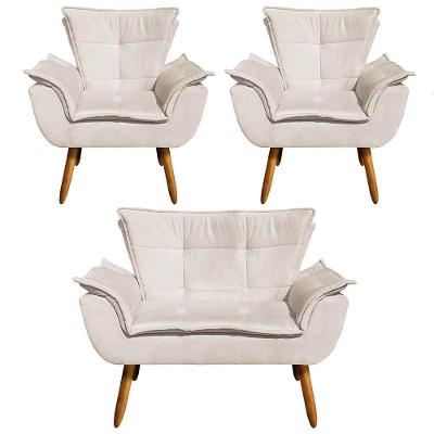 Kit Namoradeira 2 Lugares E 2 Poltronas Decorativas Pés Palito Opla Suede Bege - Ibiza