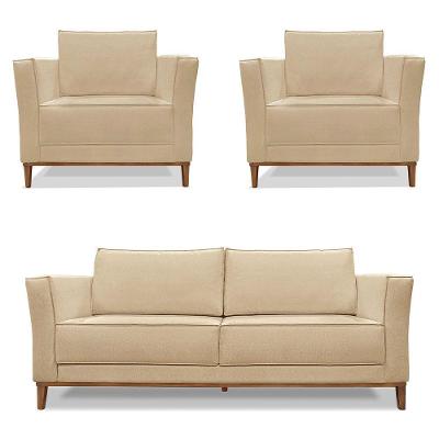 Kit 2 Poltronas E Sofá 2 Lugares 1,70m Dourado Pés Castanho