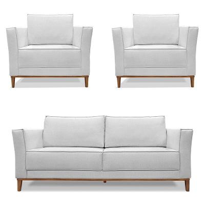 Kit 2 Poltronas E Sofá 2 Lugares 1,70m Pés Castanho Cinza