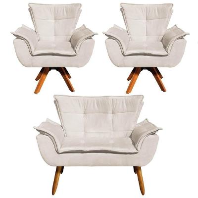 Kit Namoradeira E 2 Poltronas Base Giratória Madeira Opla Suede Bege - Ibiza