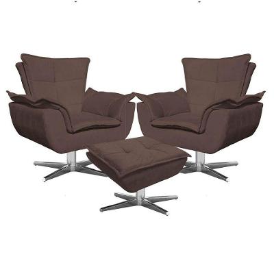 Kit 2 Poltronas Decorativas Base Giratória Cromada Com Puff Opla Suede Marrom - Ibiza