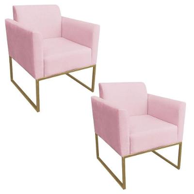 Kit 2 Poltronas Decorativas Base Industrial Dourada Maressa S19 Suede Rosa Bebê