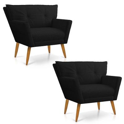 Kit 02 Poltronas Anitta Linho Pés Palito Castanho Cor A79 Preto