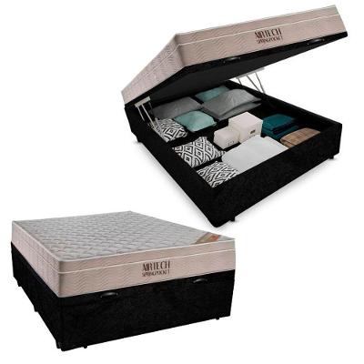 Cama Baú Casal Suede + Colchão Casal Ortobom Airtech Molas Springpocket (65x138x188) Preto