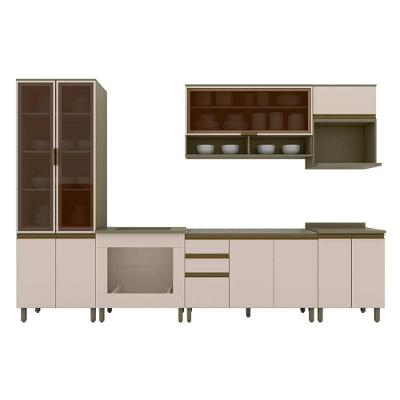 Cozinha Completa Connect 11 Portas 2 Gavetas MDF 221cm Amadeirado com Tampo e Espaço para Cooktop