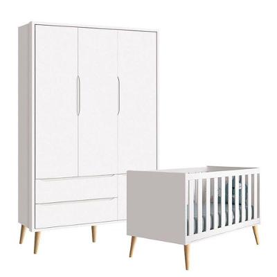 Berço Americano E Guarda Roupa 3 Portas Infantil Theo Branco Acetinado Com Pés Madeira Natural ? Reller