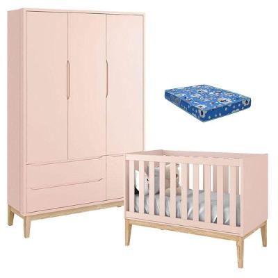 Berço Americano Com Colchão E Guarda Roupa Classic 3 Portas Rosa Pés Madeira Natural - Reller