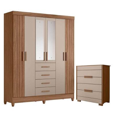 Guarda Roupa Solteiro com Cômoda Aruba 6 Portas Giratórias 4 Gavetas MDP Carvalho Fendi Fosco