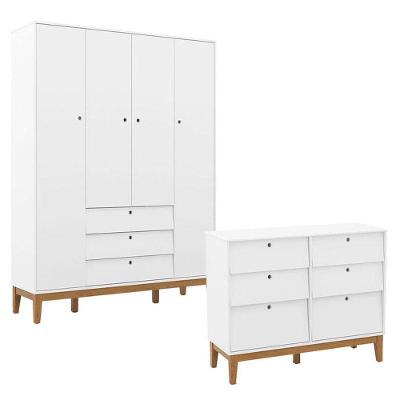 Cômoda 6 Gavetas e Guarda Roupa 4 Portas Unique em MDF Branco Soft Eco Wood para Quarto Infantil