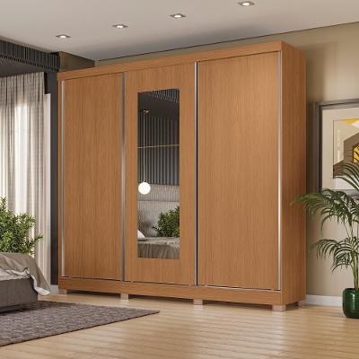 Guarda Roupa Casal 3 Portas de Correr 4 Gavetas Canela com Espelho Kappesberg