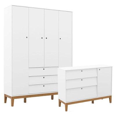 Kit Cômoda Sapateira e Guarda Roupa Infantil Unique 4 Portas 3 Gavetas em MDF Branco Eco
